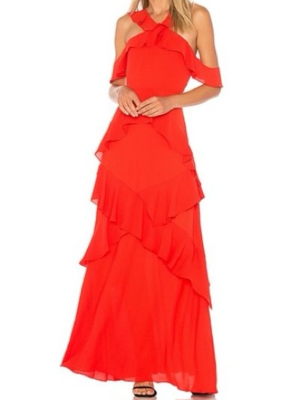 BCBGMaxAzria Audrianna Red Ruffled Cold-Shoulder Gown Size 2